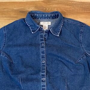 Cherokee Stretch Denim Shirt Top Womens Medium Blue Short Sleeve Vintage 90s